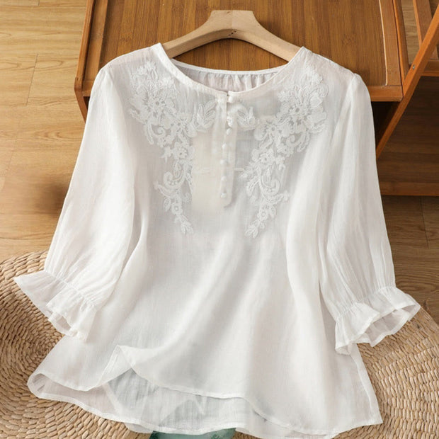 Buddha Stones Flower Vines Embroidery Button Crew Neck Three Quarter Sleeve Women's Cotton Shirt - White - US12，UK/AU16，EU44 (2XL) - image 10