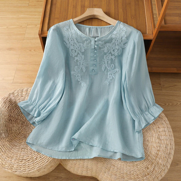 Buddha Stones Flower Vines Embroidery Button Crew Neck Three Quarter Sleeve Women's Cotton Shirt - LightBlue - US12，UK/AU16，EU44 (2XL) - image 26