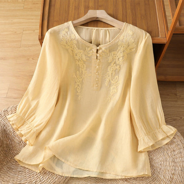 Buddha Stones Flower Vines Embroidery Button Crew Neck Three Quarter Sleeve Women's Cotton Shirt - Khaki - US12，UK/AU16，EU44 (2XL) - image 1