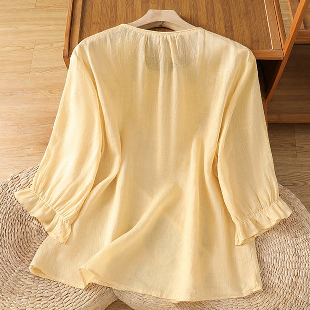 Buddha Stones Flower Vines Embroidery Button Crew Neck Three Quarter Sleeve Women's Cotton Shirt - image 3