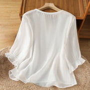 Buddha Stones Flower Vines Embroidery Button Crew Neck Three Quarter Sleeve Women's Cotton Shirt - image 11