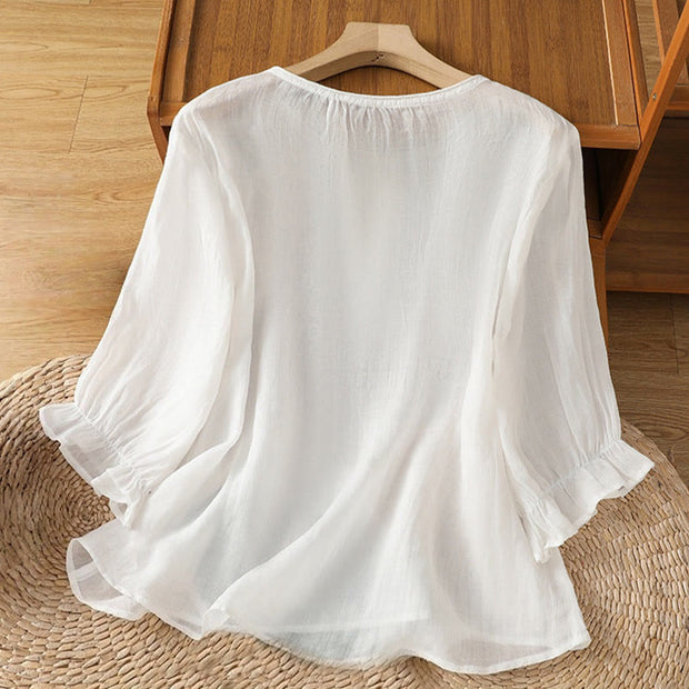Buddha Stones Flower Vines Embroidery Button Crew Neck Three Quarter Sleeve Women's Cotton Shirt - image 11