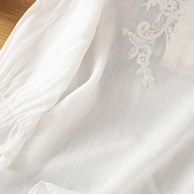 Buddha Stones Flower Vines Embroidery Button Crew Neck Three Quarter Sleeve Women's Cotton Shirt - image 15