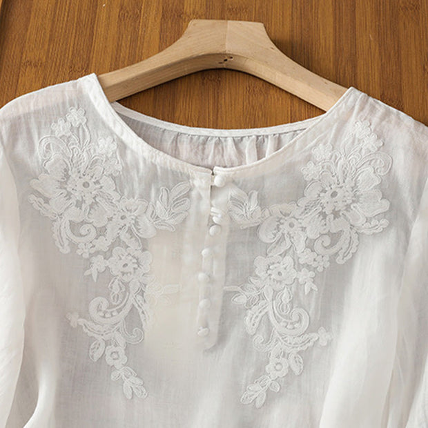 Buddha Stones Flower Vines Embroidery Button Crew Neck Three Quarter Sleeve Women's Cotton Shirt - image 12