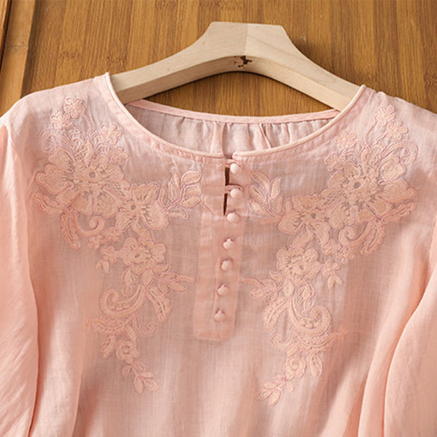 Buddha Stones Flower Vines Embroidery Button Crew Neck Three Quarter Sleeve Women's Cotton Shirt - image 20