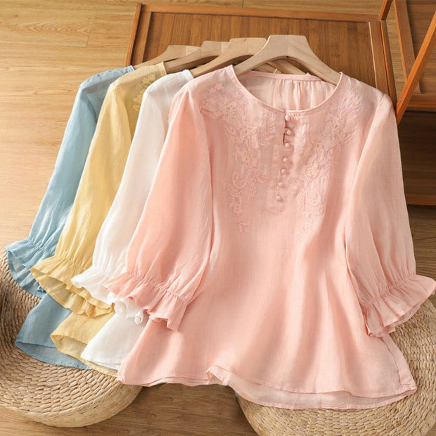 Buddha Stones Flower Vines Embroidery Button Crew Neck Three Quarter Sleeve Women's Cotton Shirt - image 2