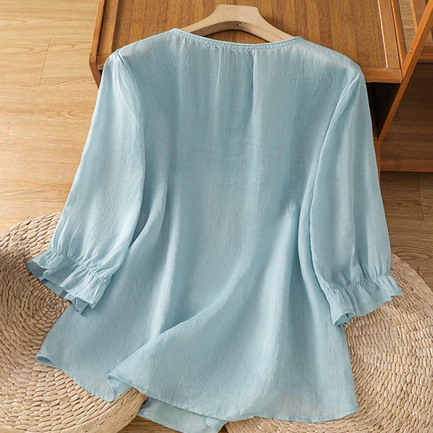 Buddha Stones Flower Vines Embroidery Button Crew Neck Three Quarter Sleeve Women's Cotton Shirt - image 27