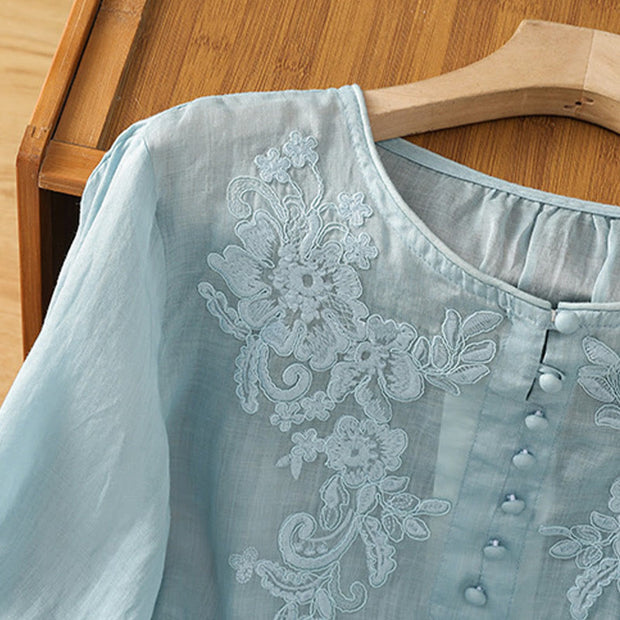 Buddha Stones Flower Vines Embroidery Button Crew Neck Three Quarter Sleeve Women's Cotton Shirt - image 30