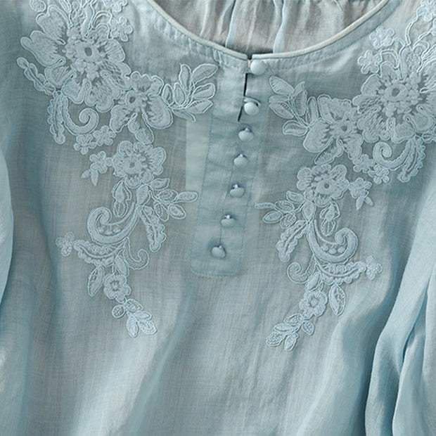 Buddha Stones Flower Vines Embroidery Button Crew Neck Three Quarter Sleeve Women's Cotton Shirt - image 31