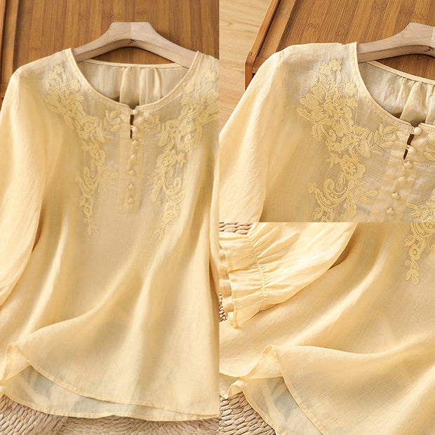 Buddha Stones Flower Vines Embroidery Button Crew Neck Three Quarter Sleeve Women's Cotton Shirt - image 4
