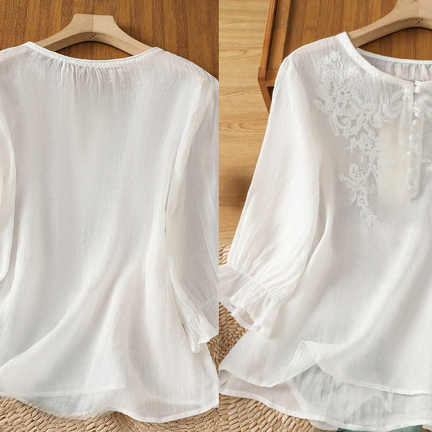 Buddha Stones Flower Vines Embroidery Button Crew Neck Three Quarter Sleeve Women's Cotton Shirt - image 17
