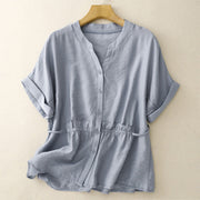 Buddha Stones Summer Button Lace-up Short Sleeve Women's Cotton Shirt - LightBlue - US8-10，UK/AU12-14，EU40-42 (2XL) - image 1