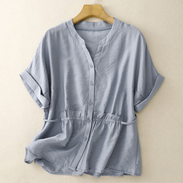 Buddha Stones Summer Button Lace-up Short Sleeve Women's Cotton Shirt - LightBlue - US8-10，UK/AU12-14，EU40-42 (2XL) - image 1