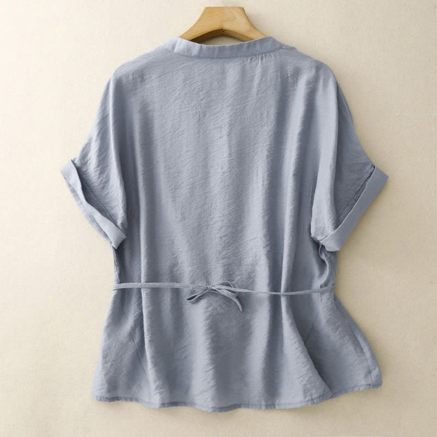 Buddha Stones Summer Button Lace-up Short Sleeve Women's Cotton Shirt - image 2