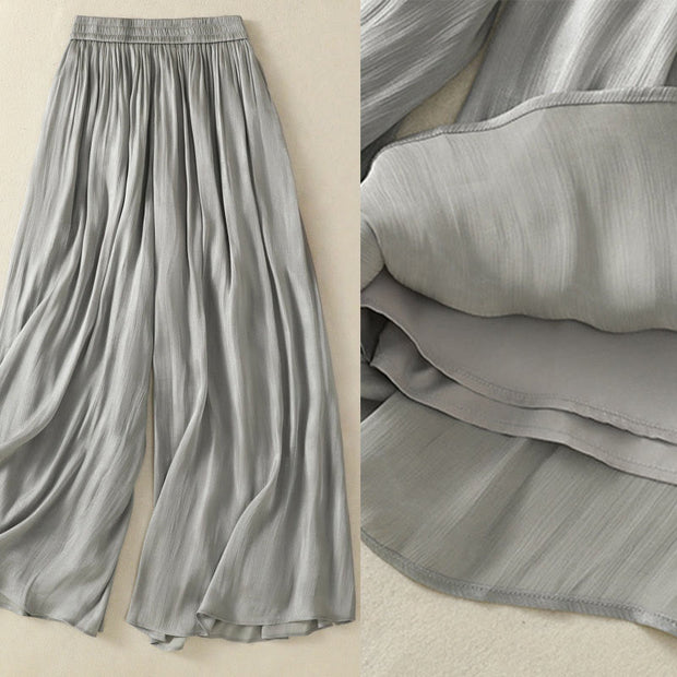 Buddha Stones Light Gray Pleated Design Elastic Waist Women's Wide Leg Pants With Pockets - image 5