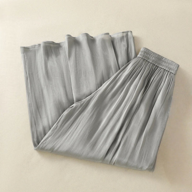 Buddha Stones Light Gray Pleated Design Elastic Waist Women's Wide Leg Pants With Pockets - image 3