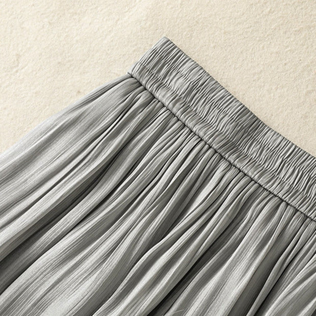 Buddha Stones Light Gray Pleated Design Elastic Waist Women's Wide Leg Pants With Pockets - image 9