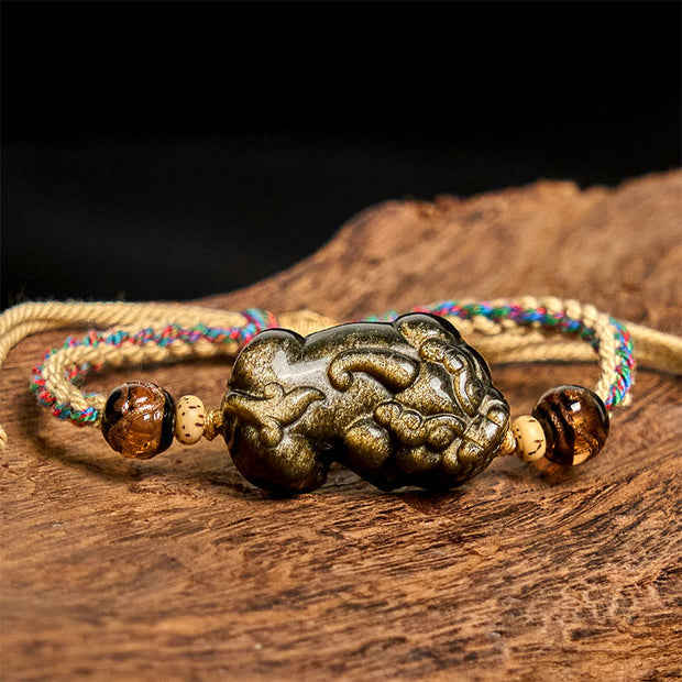 FREE Today: Luck and Wealth Gold Sheen Obsidian PiXiu Rope Bracelet