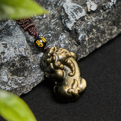 Buddha Stones Gold Sheen Obsidian PiXiu Wealth Rope Necklace Pendant - PiXiu Necklace - image 1
