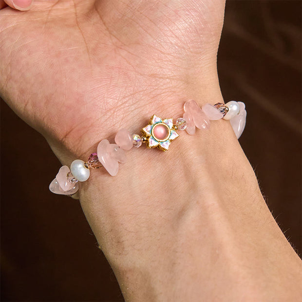 Buddha Stones Natural Gravel Rose Quartz Flower Pearl Healing Bracelet - image 5