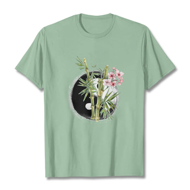 Buddha Stones Yin Yang Bamboo Peach Blossoms Pattern Tee T-shirt - PaleGreen - 2XL - image 15