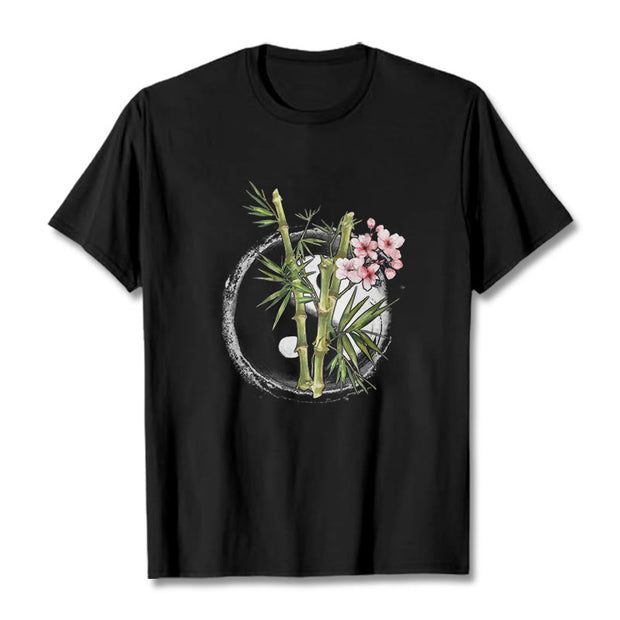 Buddha Stones Yin Yang Bamboo Peach Blossoms Pattern Tee T-shirt - Black - 2XL - image 1