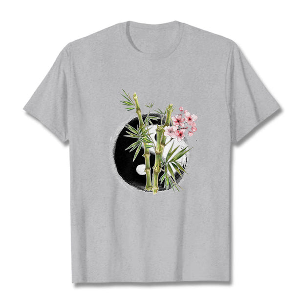 Buddha Stones Yin Yang Bamboo Peach Blossoms Pattern Tee T-shirt - LightGrey - 2XL - image 20