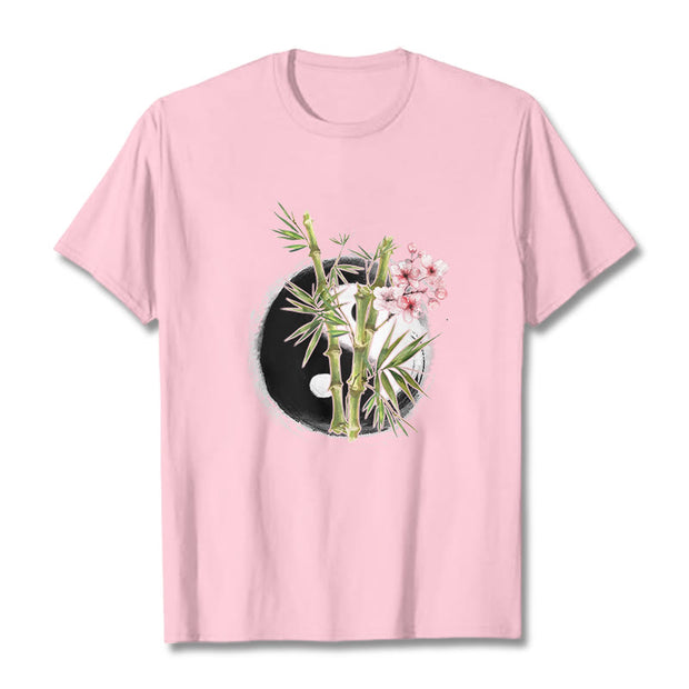 Buddha Stones Yin Yang Bamboo Peach Blossoms Pattern Tee T-shirt - LightPink - 2XL - image 13