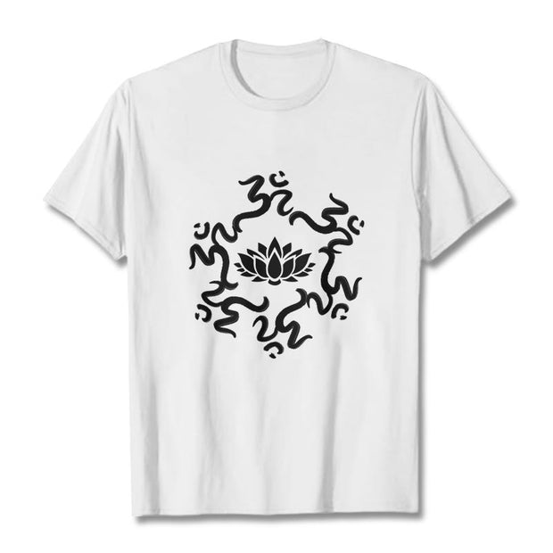 Buddha Stones OM Symbol Lotus Flower Pattern Tee T-shirt - White - 2XL - image 7