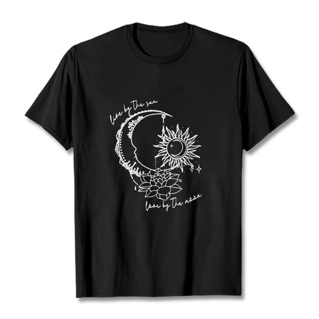 Buddha Stones Sun Moon Lotus Flower Pattern Tee T-shirt - Black - 2XL - image 4