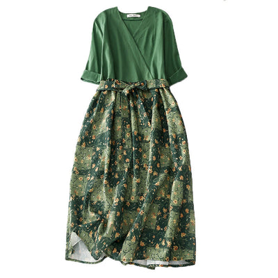 Buddha Stones Spring Flower Printed V-neck Half Sleeve Cotton Linen Midi Dress With Pockets - Green - US8-10，UK/AU12-14，EU40-42 (2XL) - image 1