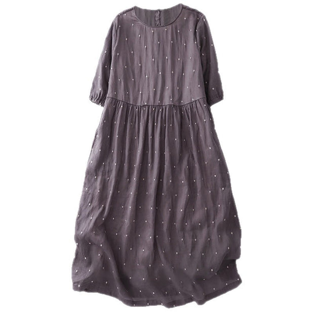 Buddha Stones Back Button Dot Pattern Half Sleeve Cotton Linen Midi Dress With Pockets - image 4