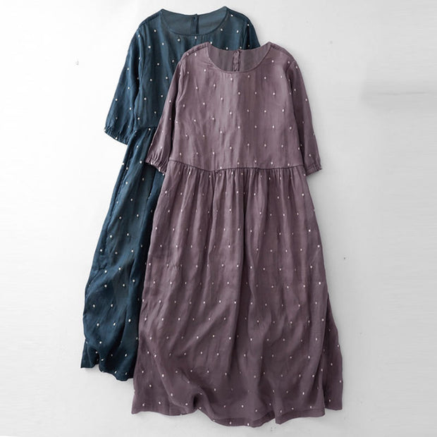 Buddha Stones Back Button Dot Pattern Half Sleeve Cotton Linen Midi Dress With Pockets - image 8
