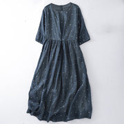 Buddha Stones Back Button Dot Pattern Half Sleeve Cotton Linen Midi Dress With Pockets - MidnightBlue - US8-10，UK/AU12-14，EU40-42 (2XL) - image 5