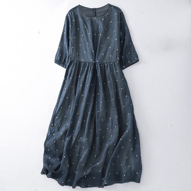 Buddha Stones Back Button Dot Pattern Half Sleeve Cotton Linen Midi Dress With Pockets - MidnightBlue - US8-10，UK/AU12-14，EU40-42 (2XL) - image 5