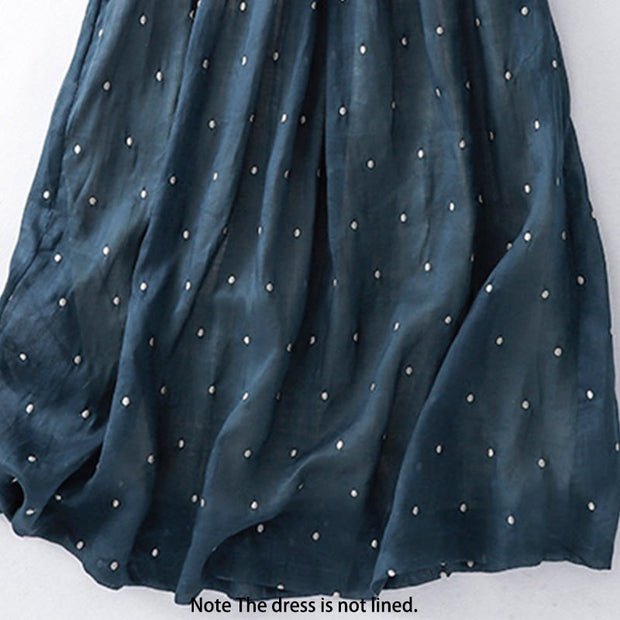 Buddha Stones Back Button Dot Pattern Half Sleeve Cotton Linen Midi Dress With Pockets - image 6