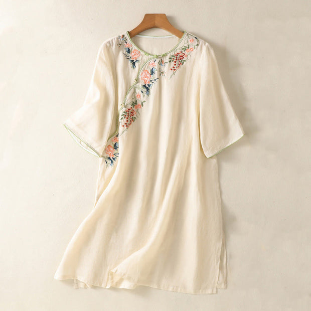 Buddha Stones Embroidery Flower Hem Slit Design Half Sleeve Cotton Linen Zen Midi Dress - Beige - US8-10，UK/AU12-14，EU40-42 (2XL) - image 7
