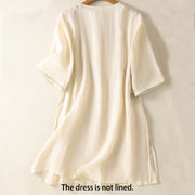 Buddha Stones Embroidery Flower Hem Slit Design Half Sleeve Cotton Linen Zen Midi Dress - image 8