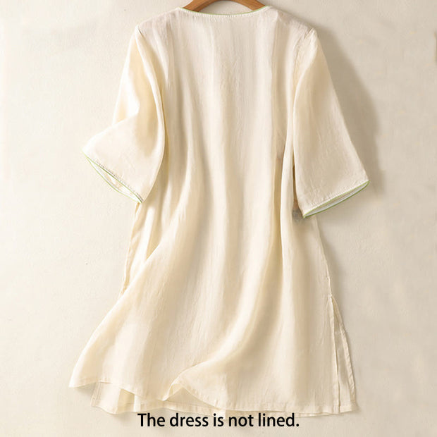 Buddha Stones Embroidery Flower Hem Slit Design Half Sleeve Cotton Linen Zen Midi Dress - image 8