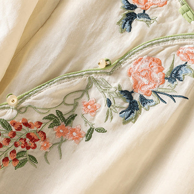 Buddha Stones Embroidery Flower Hem Slit Design Half Sleeve Cotton Linen Zen Midi Dress - image 11