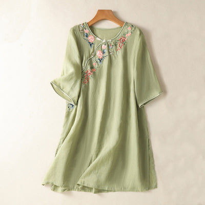 Buddha Stones Embroidery Flower Hem Slit Design Half Sleeve Cotton Linen Zen Midi Dress - LightGreen - US8-10，UK/AU12-14，EU40-42 (2XL) - image 1