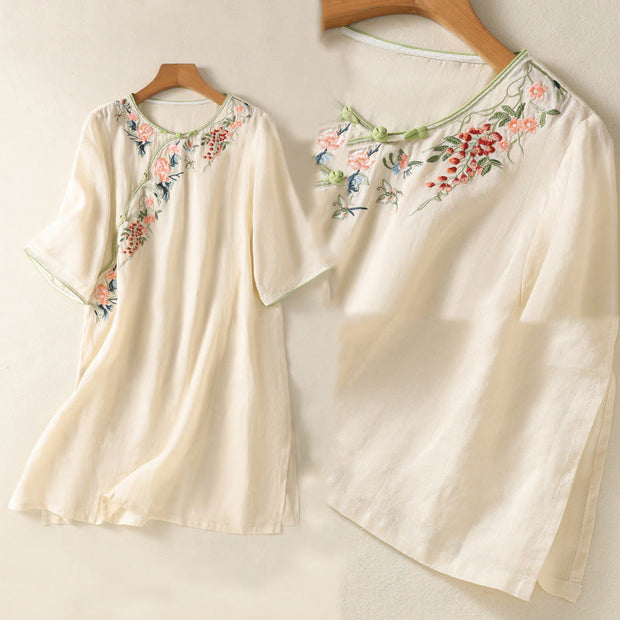 Buddha Stones Embroidery Flower Hem Slit Design Half Sleeve Cotton Linen Zen Midi Dress - image 16