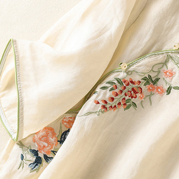 Buddha Stones Embroidery Flower Hem Slit Design Half Sleeve Cotton Linen Zen Midi Dress - image 13