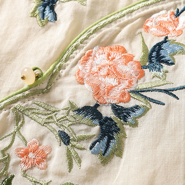 Buddha Stones Embroidery Flower Hem Slit Design Half Sleeve Cotton Linen Zen Midi Dress - image 12