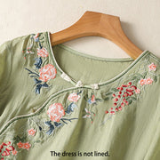 Buddha Stones Embroidery Flower Hem Slit Design Half Sleeve Cotton Linen Zen Midi Dress - image 2