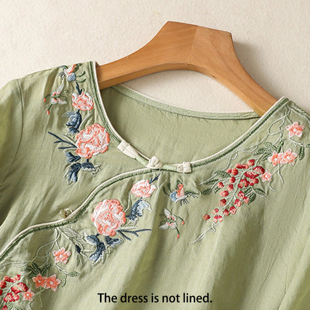 Buddha Stones Embroidery Flower Hem Slit Design Half Sleeve Cotton Linen Zen Midi Dress - image 2