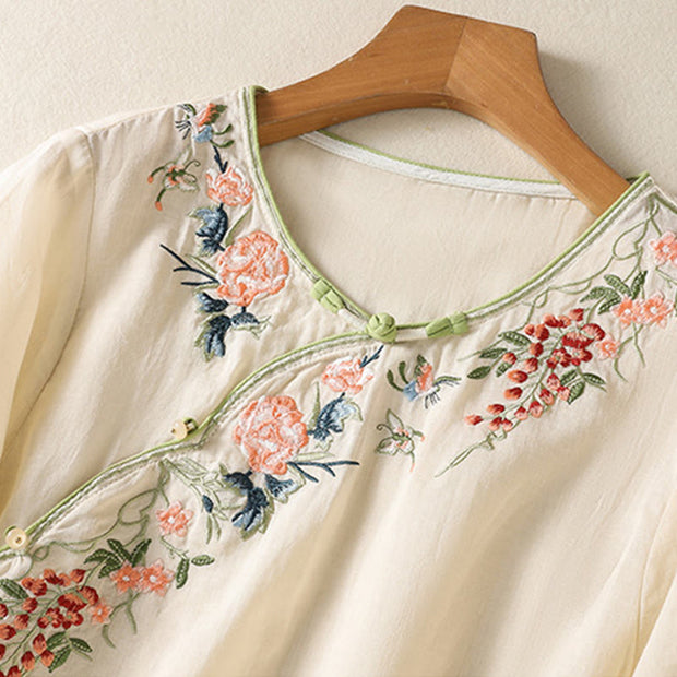 Buddha Stones Embroidery Flower Hem Slit Design Half Sleeve Cotton Linen Zen Midi Dress - image 9