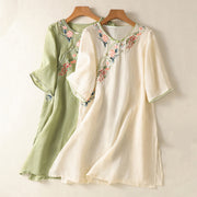 Buddha Stones Embroidery Flower Hem Slit Design Half Sleeve Cotton Linen Zen Midi Dress - image 17