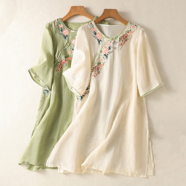 Buddha Stones Embroidery Flower Hem Slit Design Half Sleeve Cotton Linen Zen Midi Dress - image 17