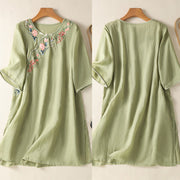 Buddha Stones Embroidery Flower Hem Slit Design Half Sleeve Cotton Linen Zen Midi Dress - image 6